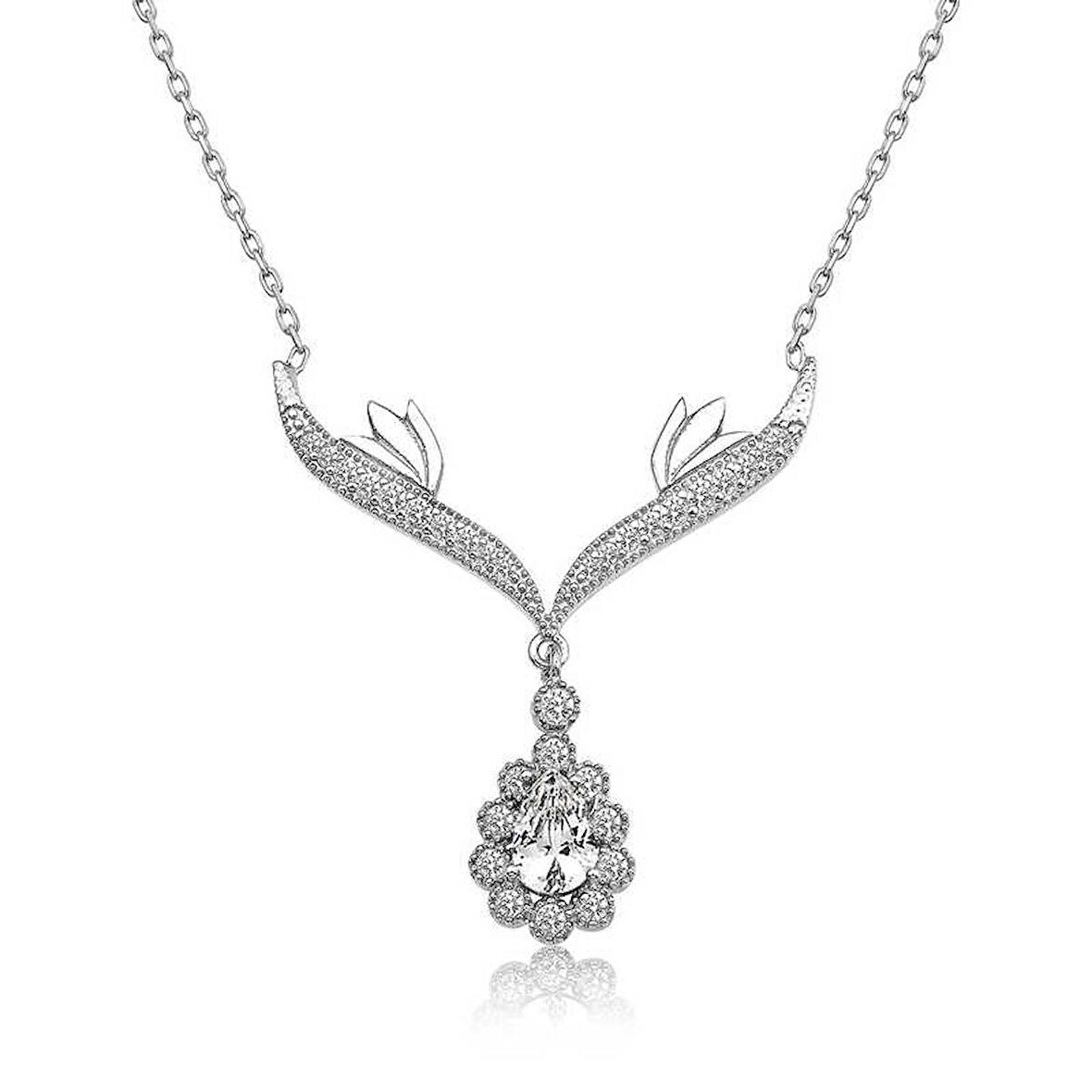 STİLLOVE Gümüş Beyaz Taşlı Madalyon  Kadın Kolye