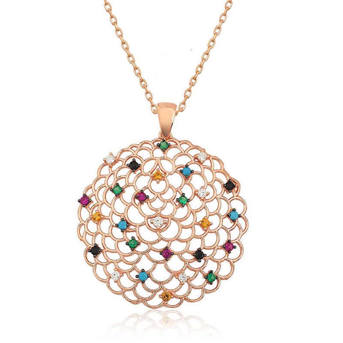 STİLLOVE Gümüş Rose Geometrik Desenli Madalyon Kolye