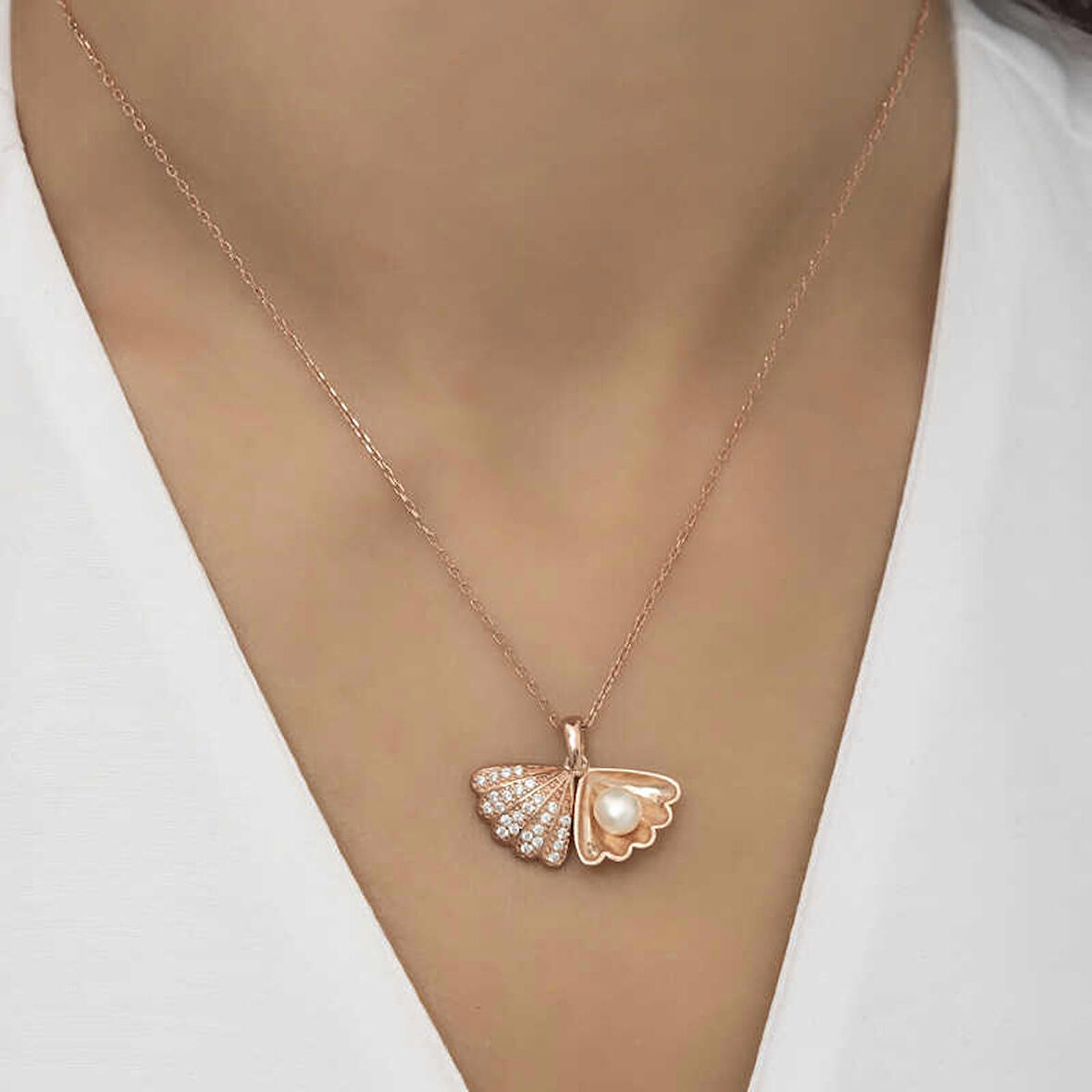 STİLLOVE Gümüş Rose İncili İstiridye Bayan Kolye