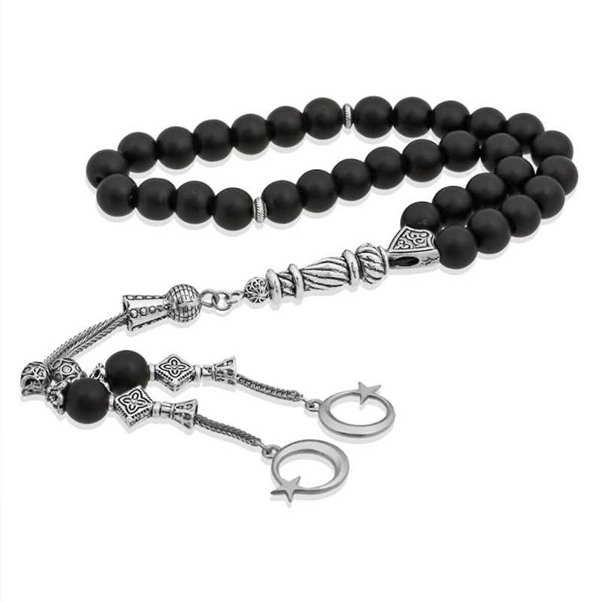STİLLOVE Doğaltaş Metal Püsküllü Oniks Siyah Mat Taşlı Tesbih