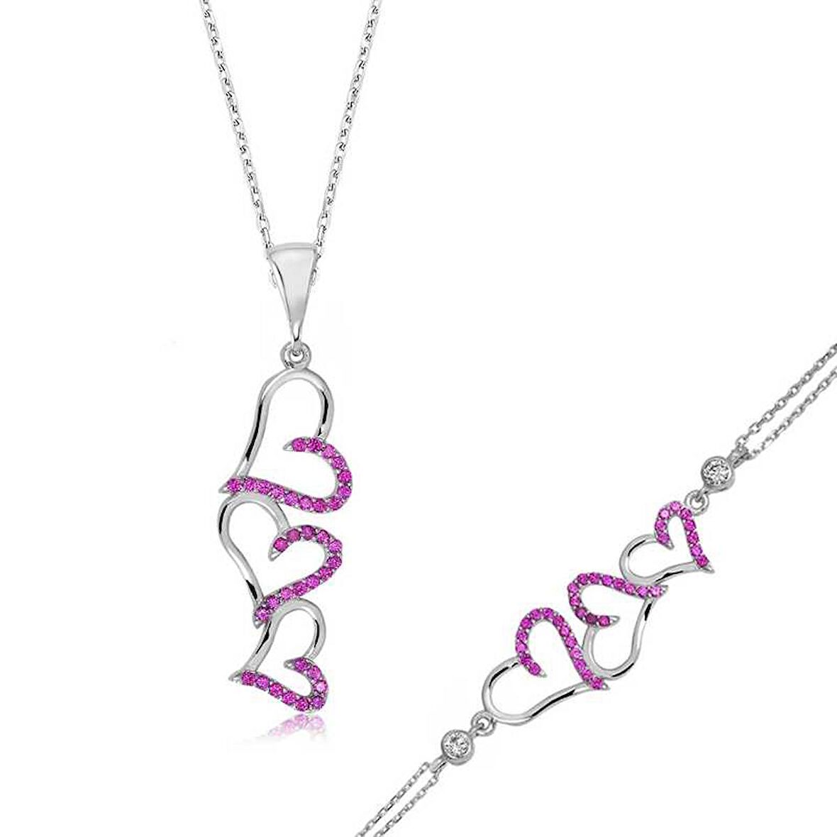 STİLLOVE Gümüş Pembe Üç Kalpli Bayan Set