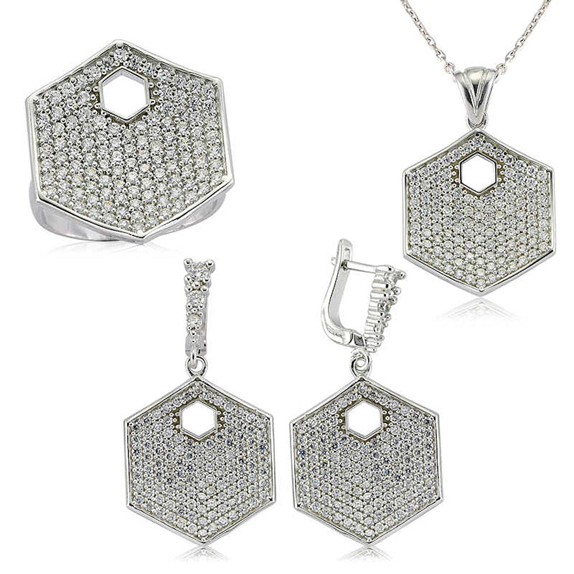 STİLLOVE Gümüş Zirkon Taşlı Altıgen Bayan Set
