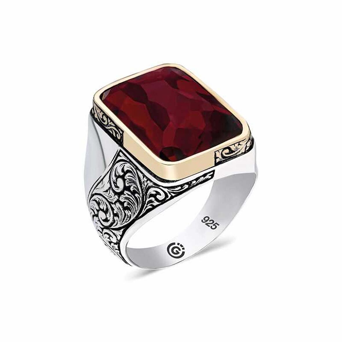 STİLLOVE ​Gümüş Bordo Taşlı Köşeli Erkek Yüzük