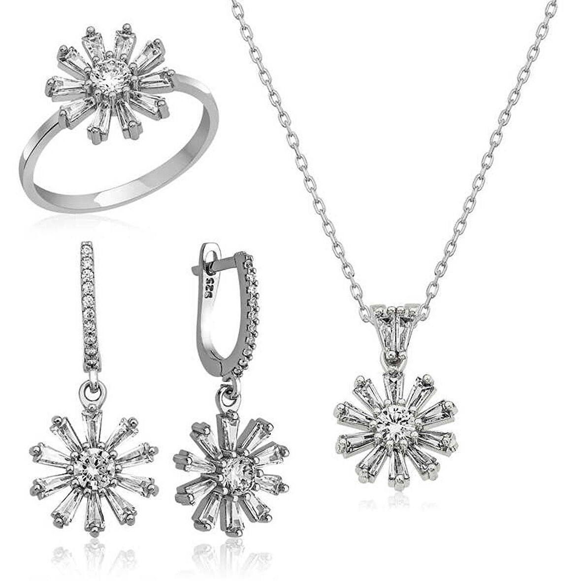 STİLLOVE Gümüş Trapez Taşlı  Çiçek Bayan Set