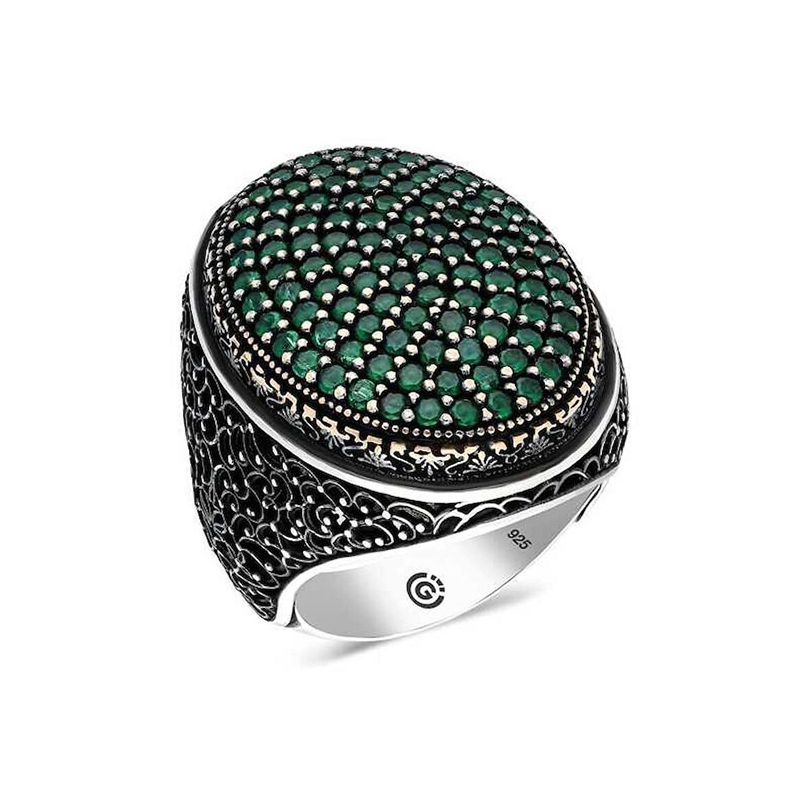 STİLLOVE Gümüş Yeşil Zirkon Taşlı Oval Erkek Yüzük
