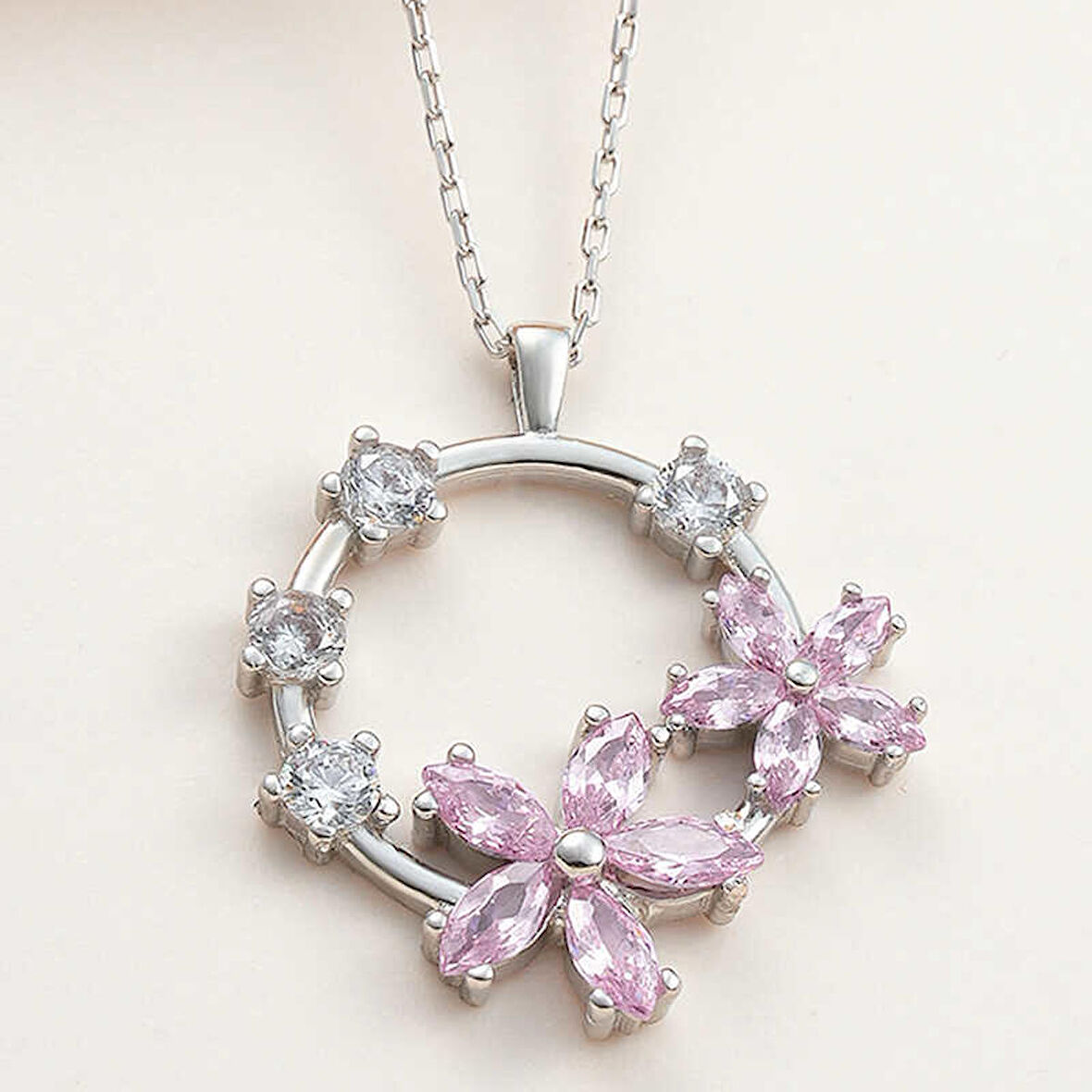 STİLLOVE Gümüş Pembe Çiçek Kadın Kolye