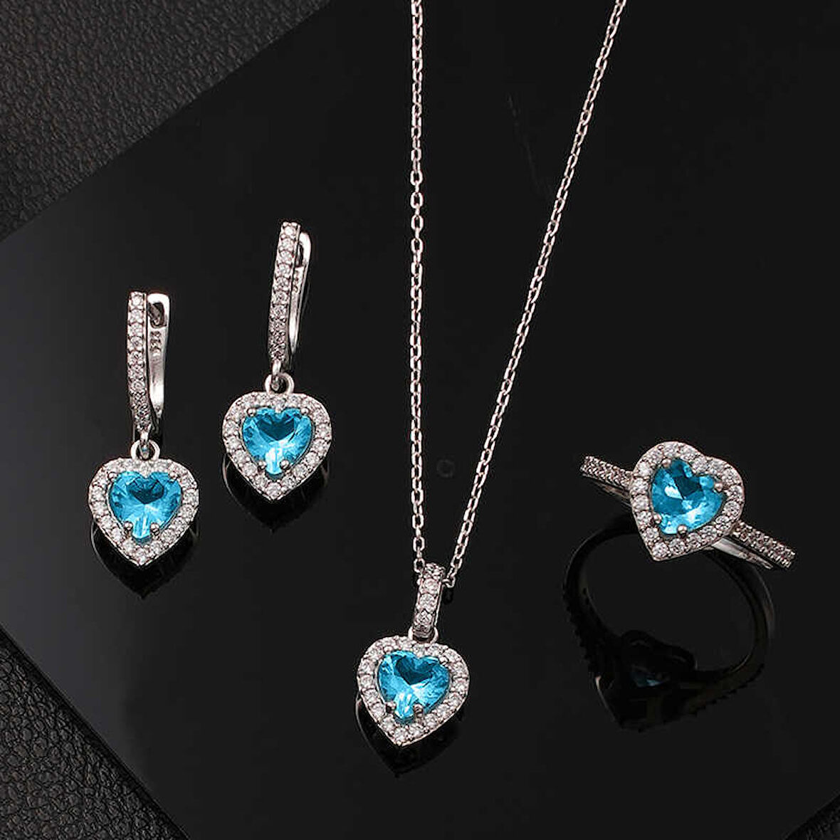 STİLLOVE Gümüş Turkuaz Taşlı Kalpli Kadın Set