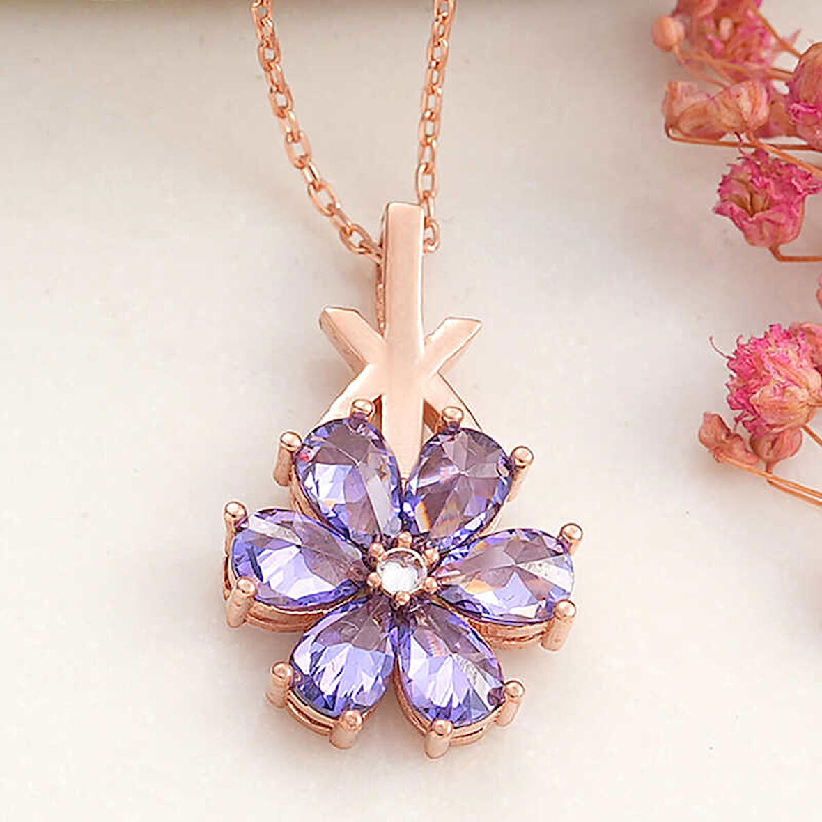STİLLOVE Gümüş Rose Mor Sevgi Çiçeği Kadın Kolye