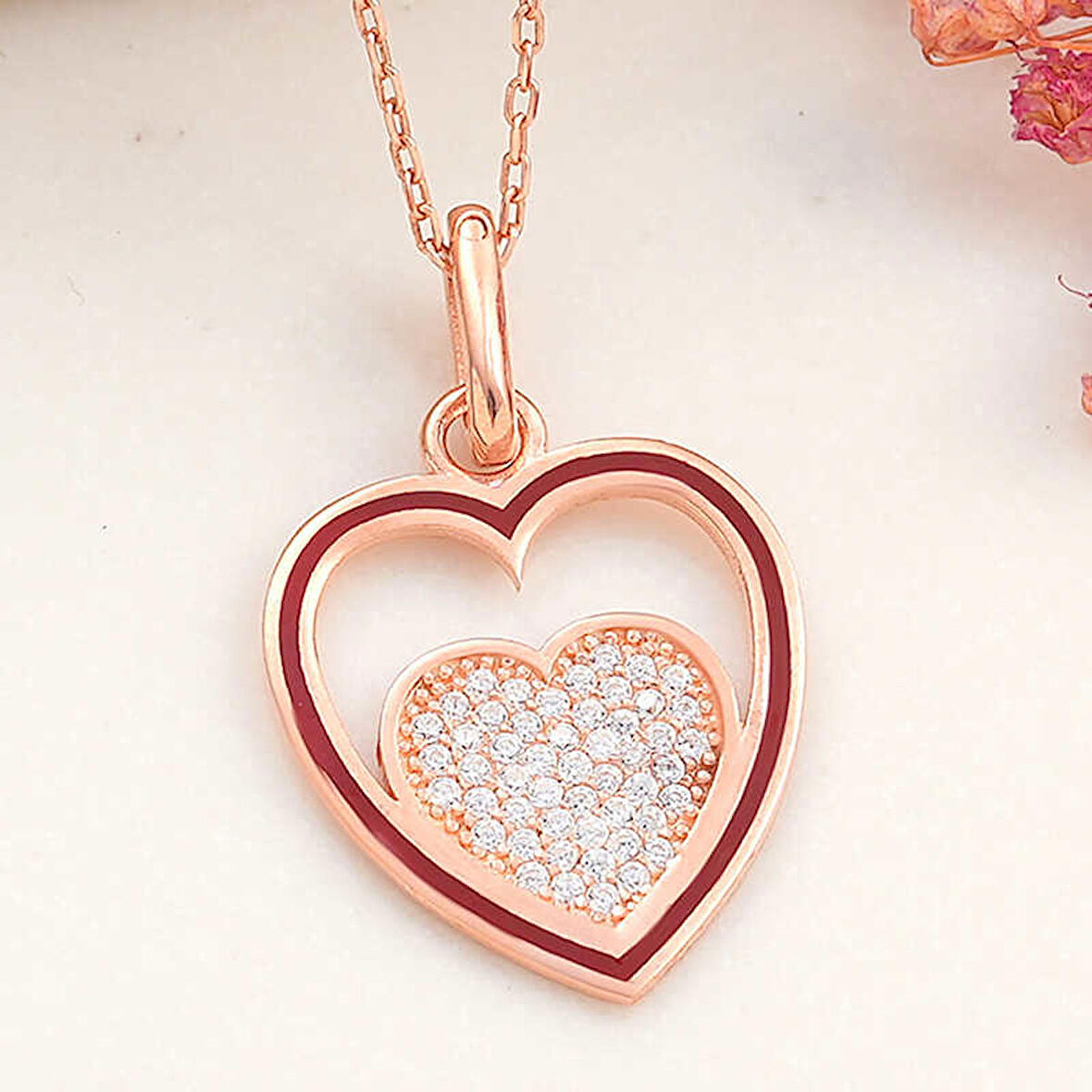 STİLLOVE Gümüş Rose Kalp Kadın Kolye