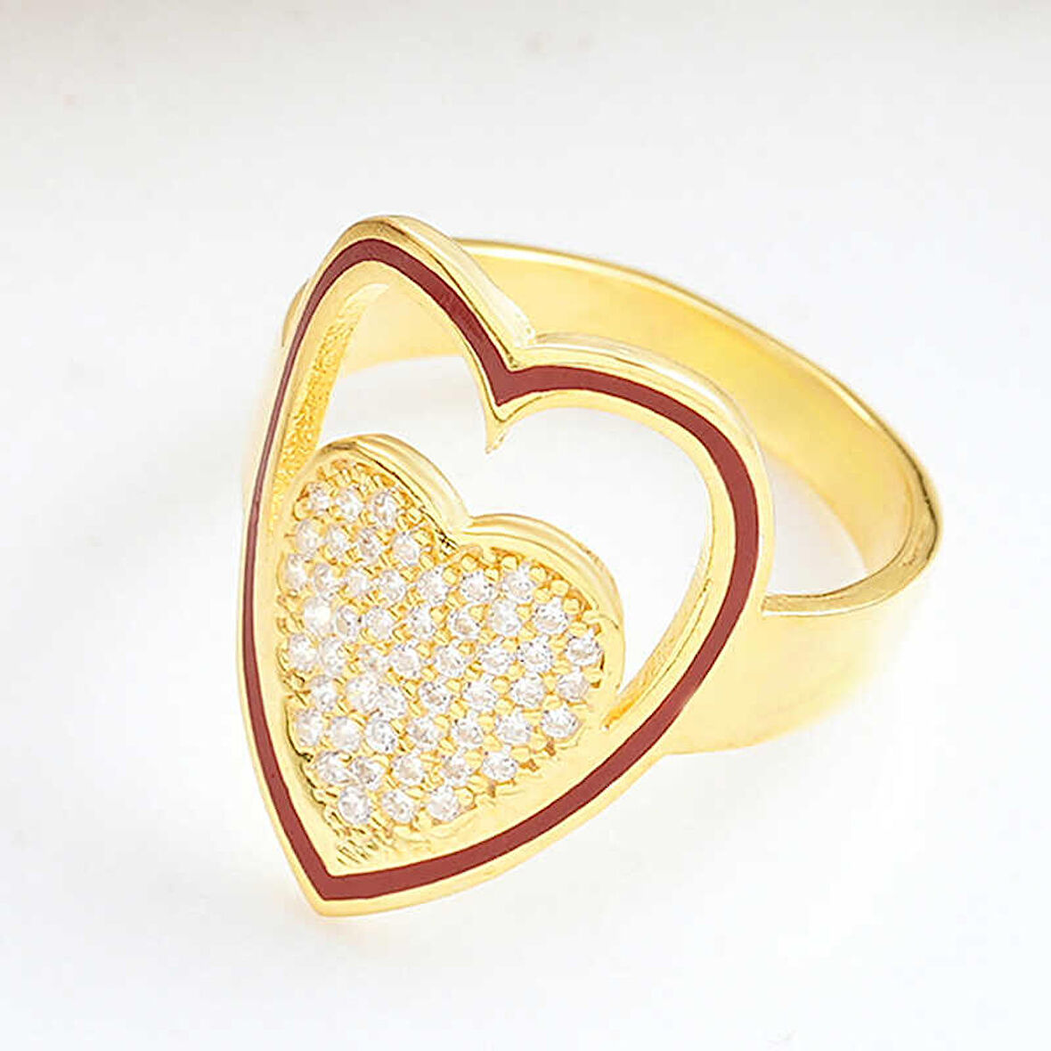 STİLLOVE Gümüş Gold Beyaz Taşlı Kalpli Kadın Yüzük