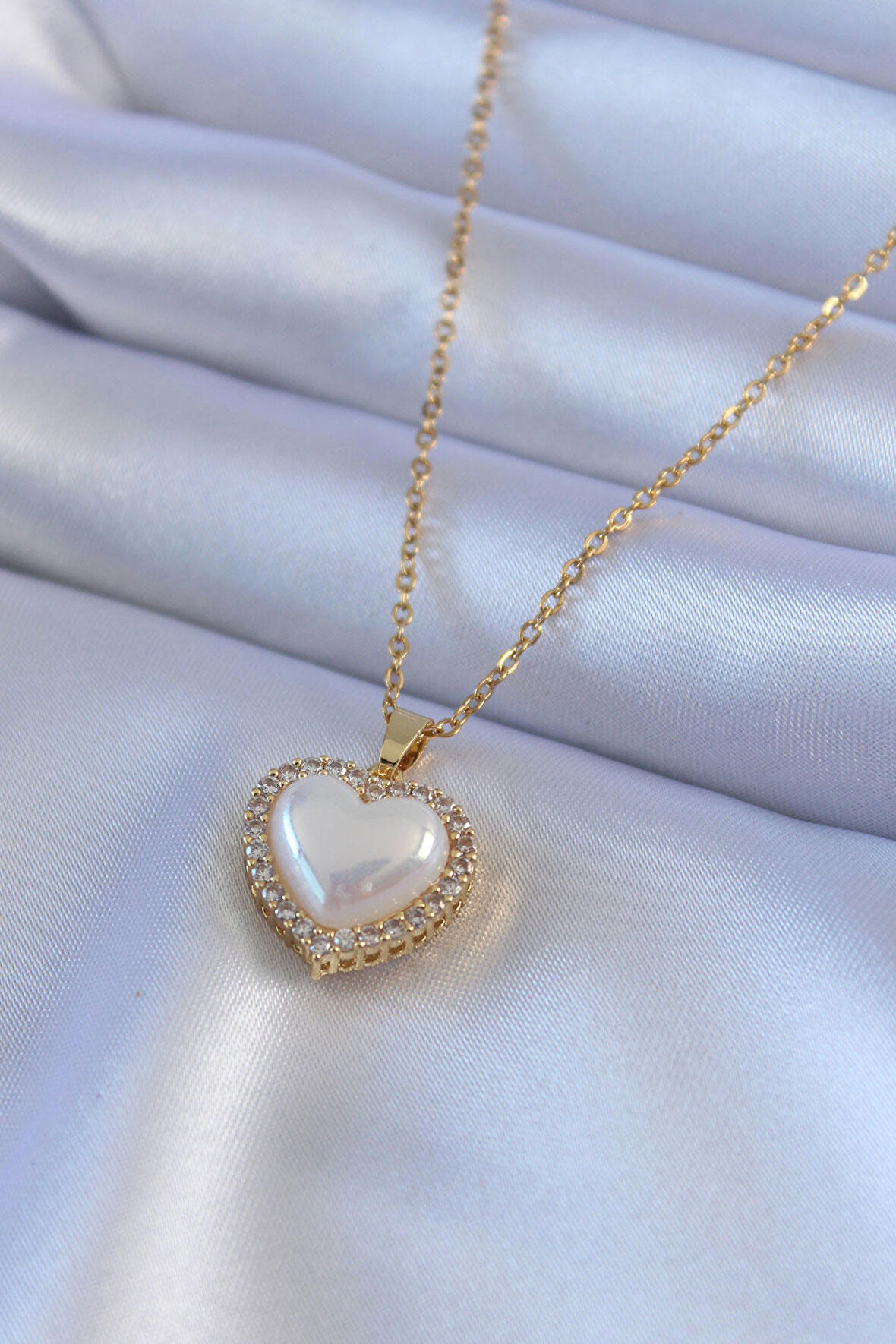 STİLLOVE 316L Çelik Gold Renk İncili Kalp Model Zirkon Taşlı Kadın Kolye