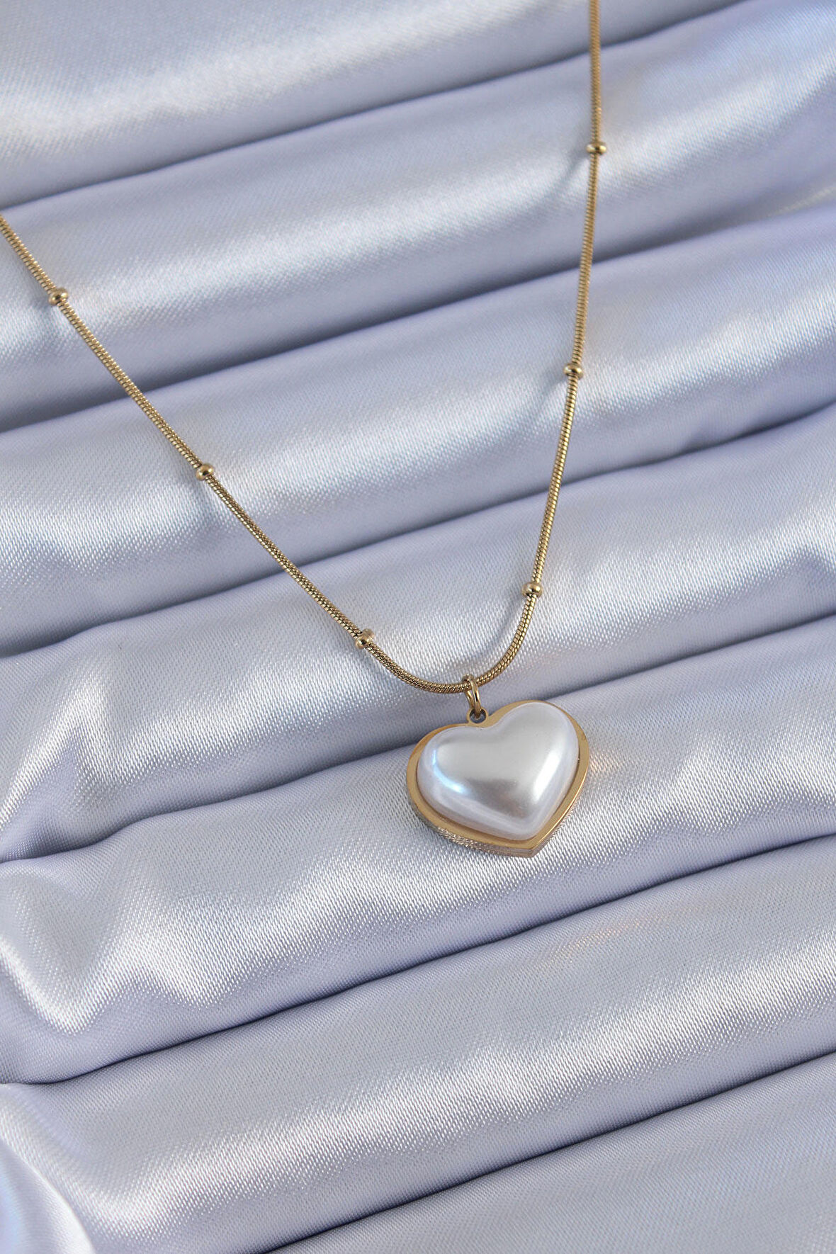 STİLLOVE 316L Çelik Gold Renk İncili Kalp Model Minimal Top Detay Kadın Kolye