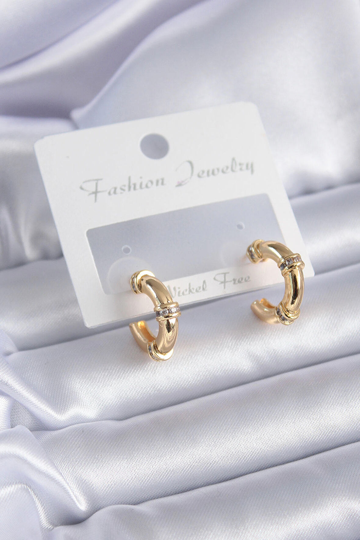 STİLLOVE Gold Renk Zirkon Taş Detay Halka Model Pirinç Kadın Küpe