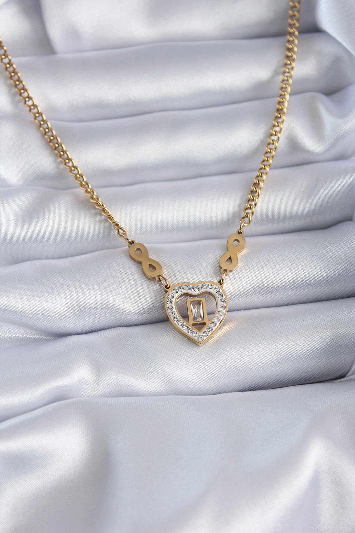 STİLLOVE 316L Çelik Gold Renk Zirkon Taşlı Kalp Model Sonsuzluk Detay Kadın Kolye