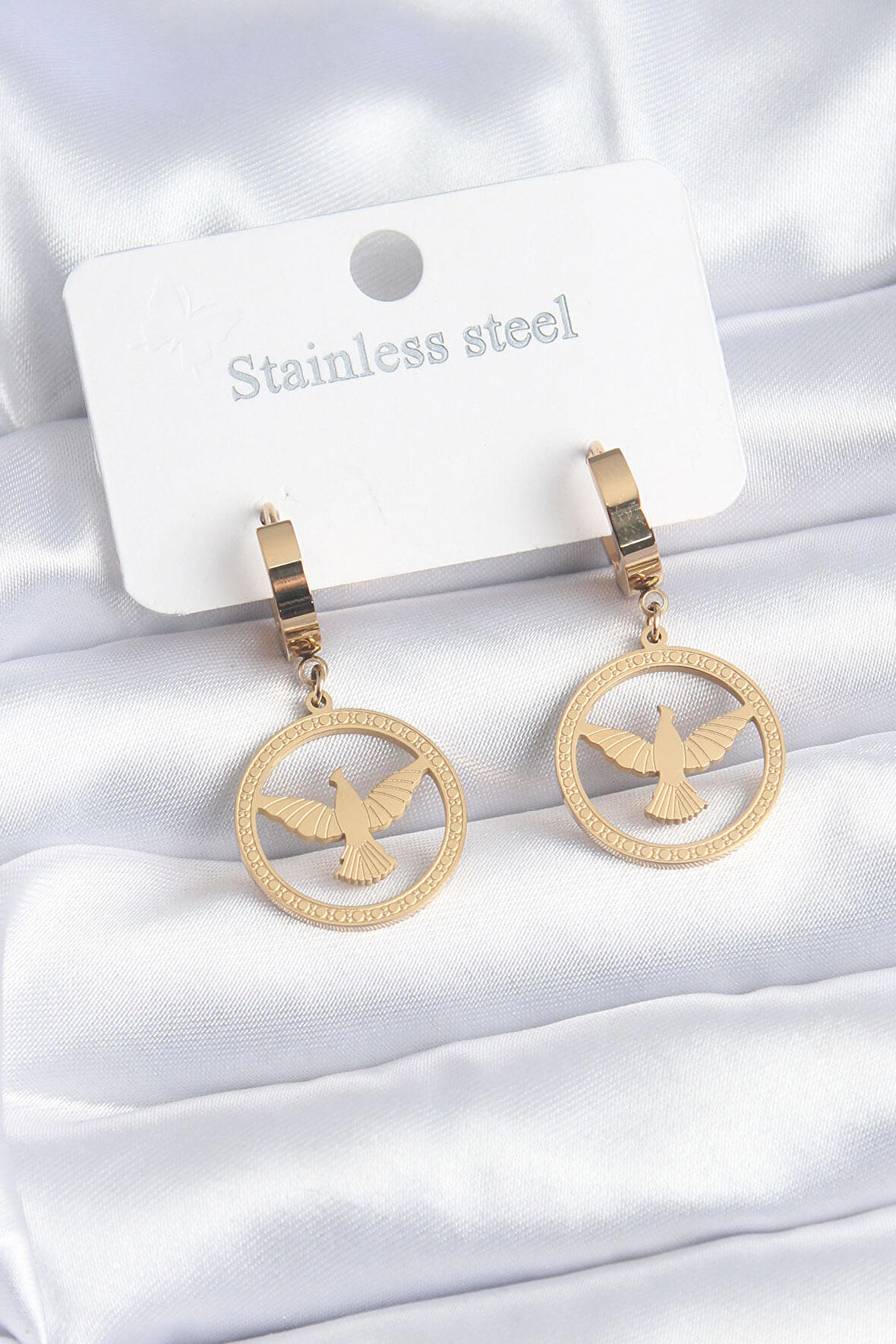 STİLLOVE 316L Çelik Gold Renk Kuş Model İşleme Detay Kadın Küpe