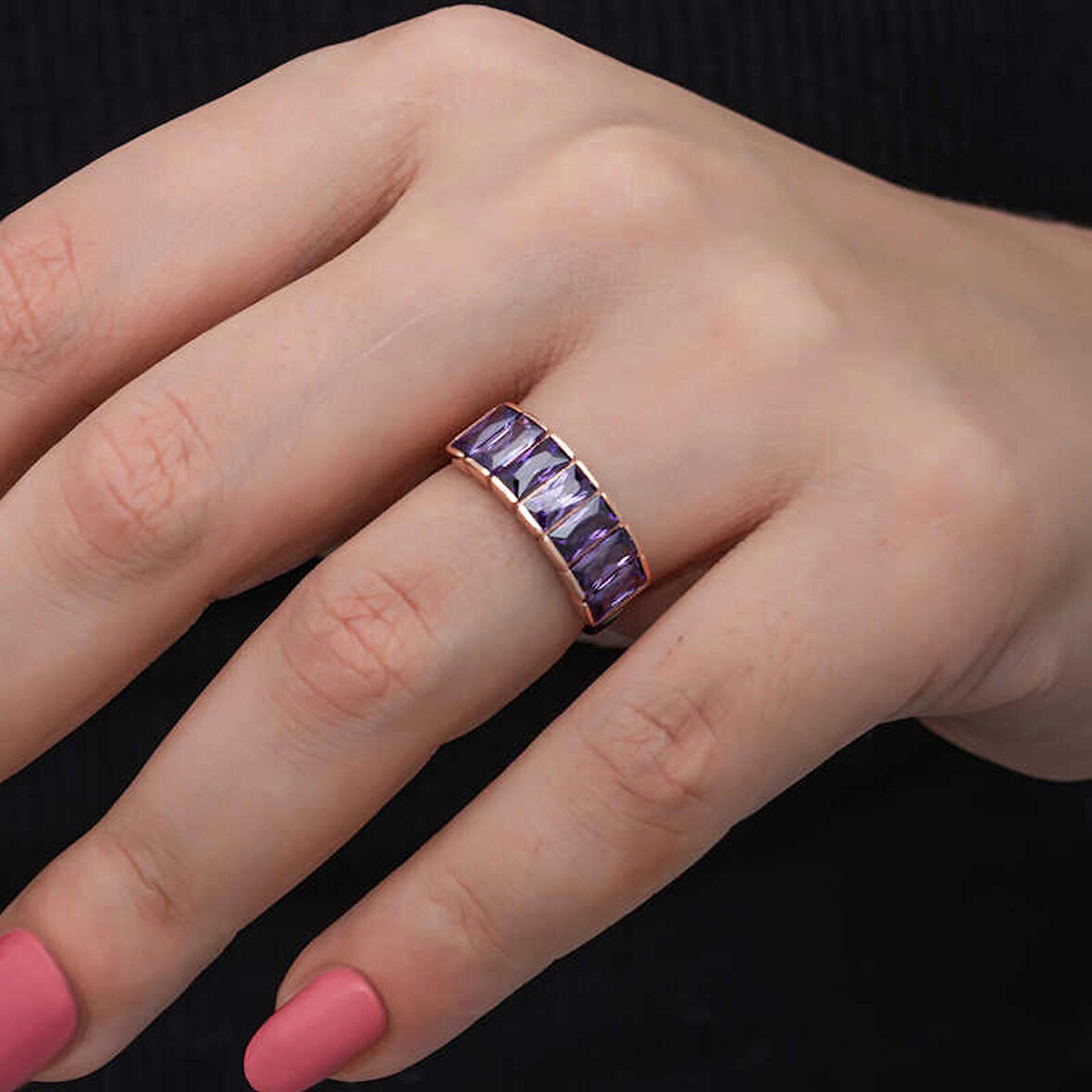 STİLLOVE Gümüş Rose Baget  Ametist Taşlı Kadın Yüzük