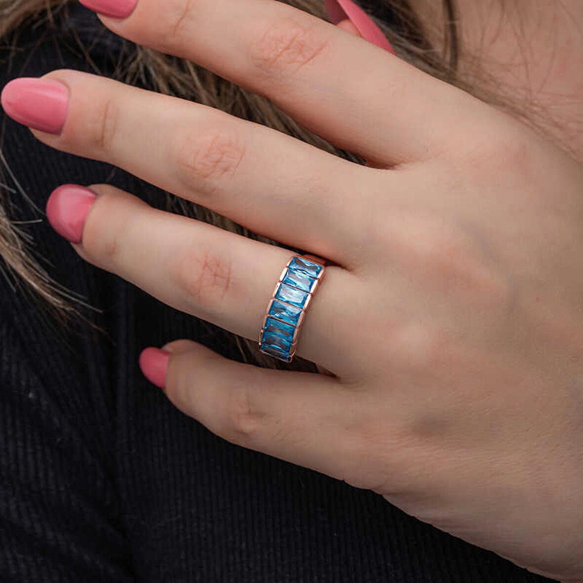 STİLLOVE Gümüş Rose Baget  Aquamarine Taşlı Kadın Yüzük