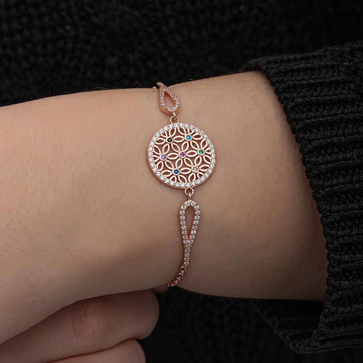 STİLLOVE ​Gümüş Rose Renkli Yaşam Çiçeği Kadın Bileklik