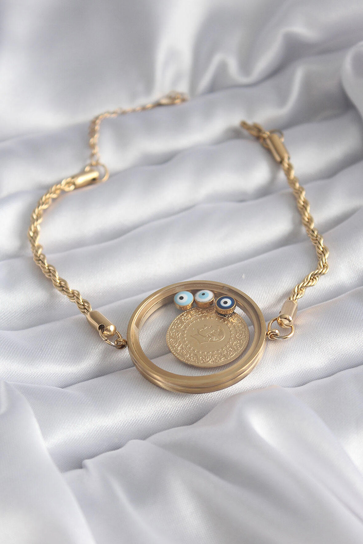 STİLLOVE 316L Çelik Gold Renk Burgu Zincir Fanus Çeyrek Model Kadın Bileklik