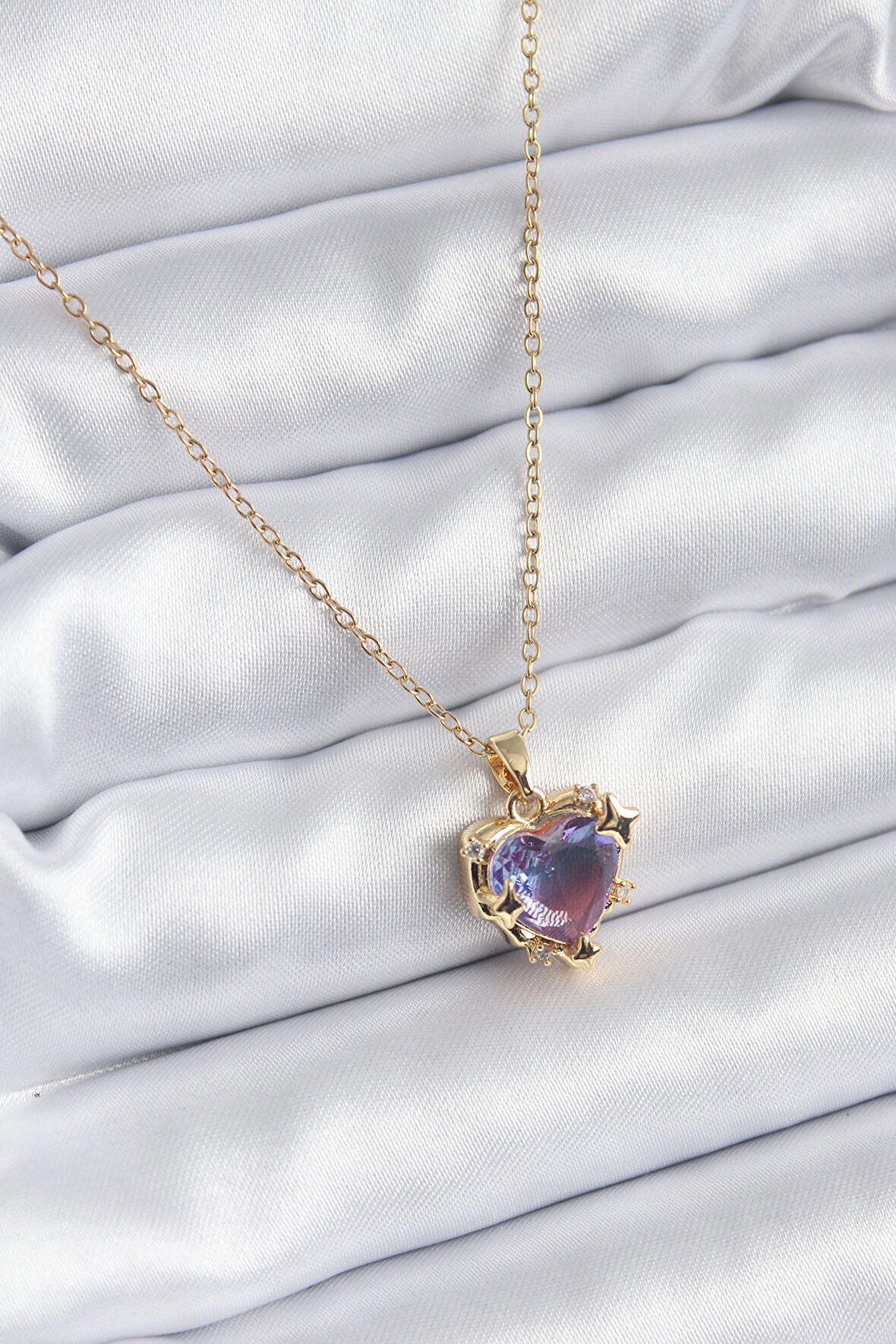 STİLLOVE 316L Çelik Zincir Gold Renk Mor Renk Zirkon Taşlı Kalp Model Kadın Kolye