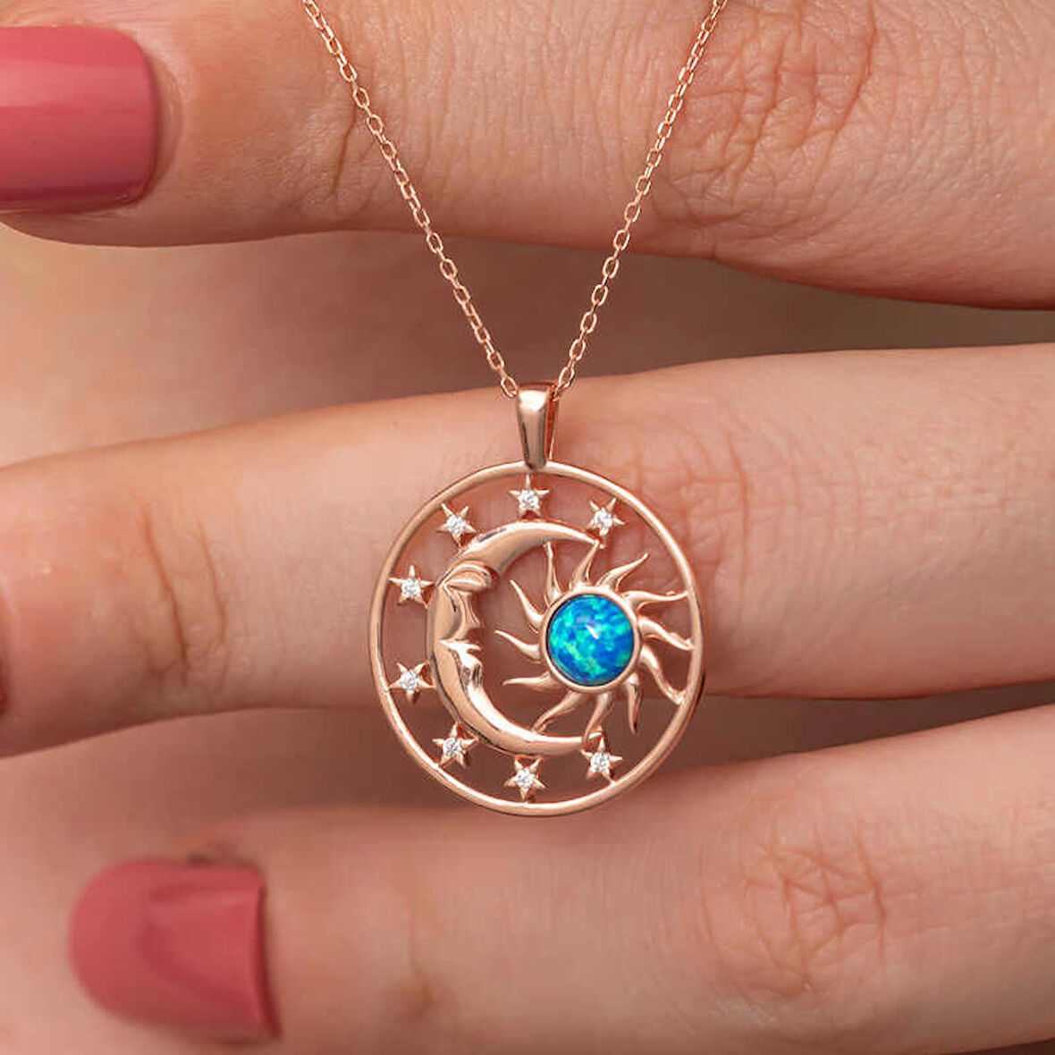 STİLLOVE Gümüş Rose Opal Mavi Taşlı Ay Güneş Kadın Kolye