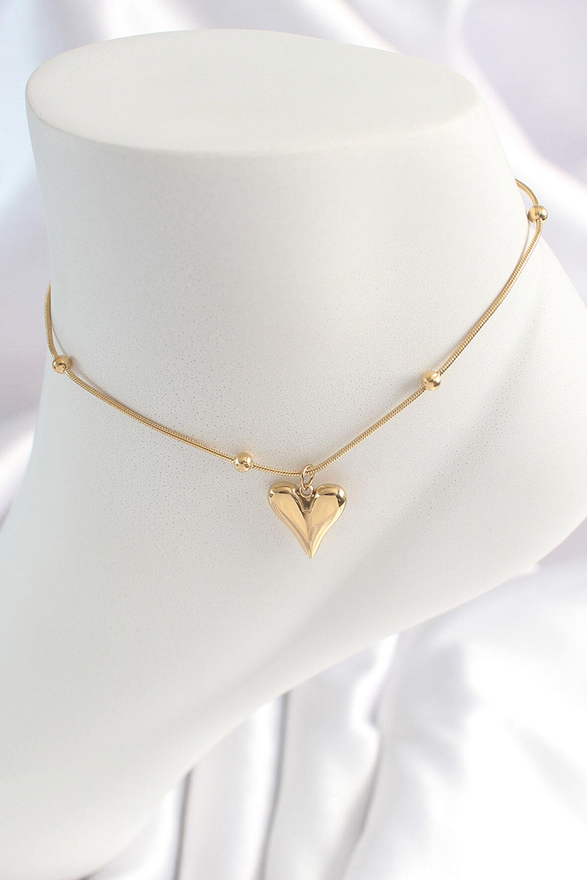 STİLLOVE 316L Çelik Gold Renk Minimal Topçuk Detay Kalp Figür Kadın HalHal