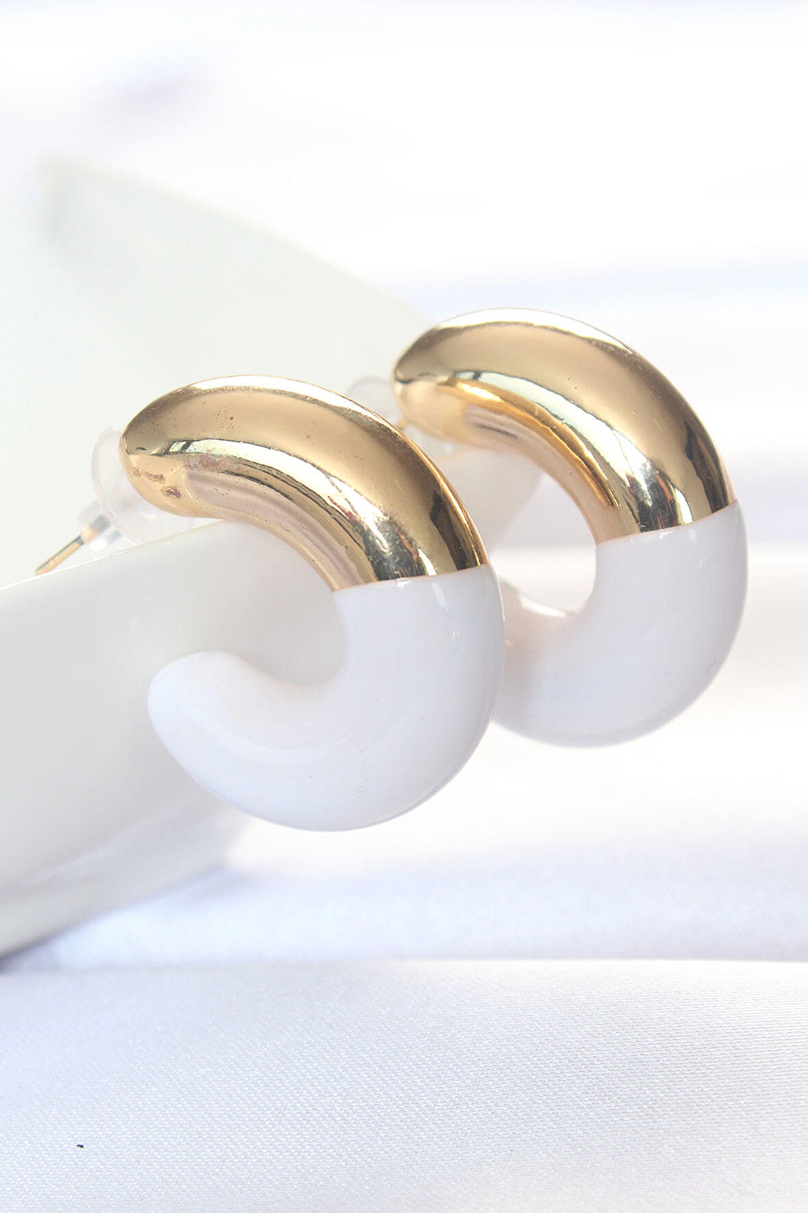 STİLLOVE CCB Beyaz Gold Çift Renk Küpe