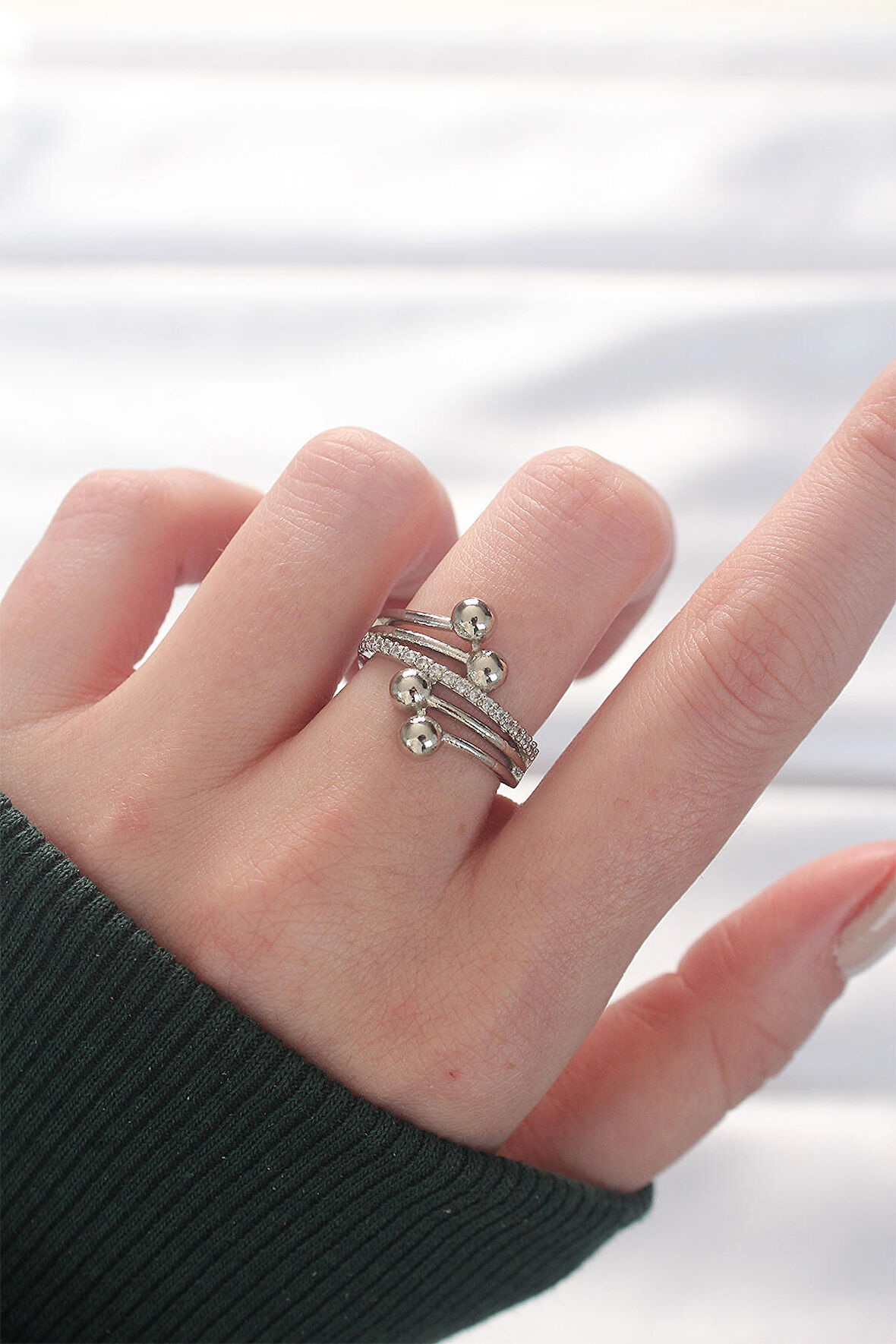 STİLLOVE Topçuk Model Zirkon Taşlı Silver Renk Ayarlanabilir Yüzük