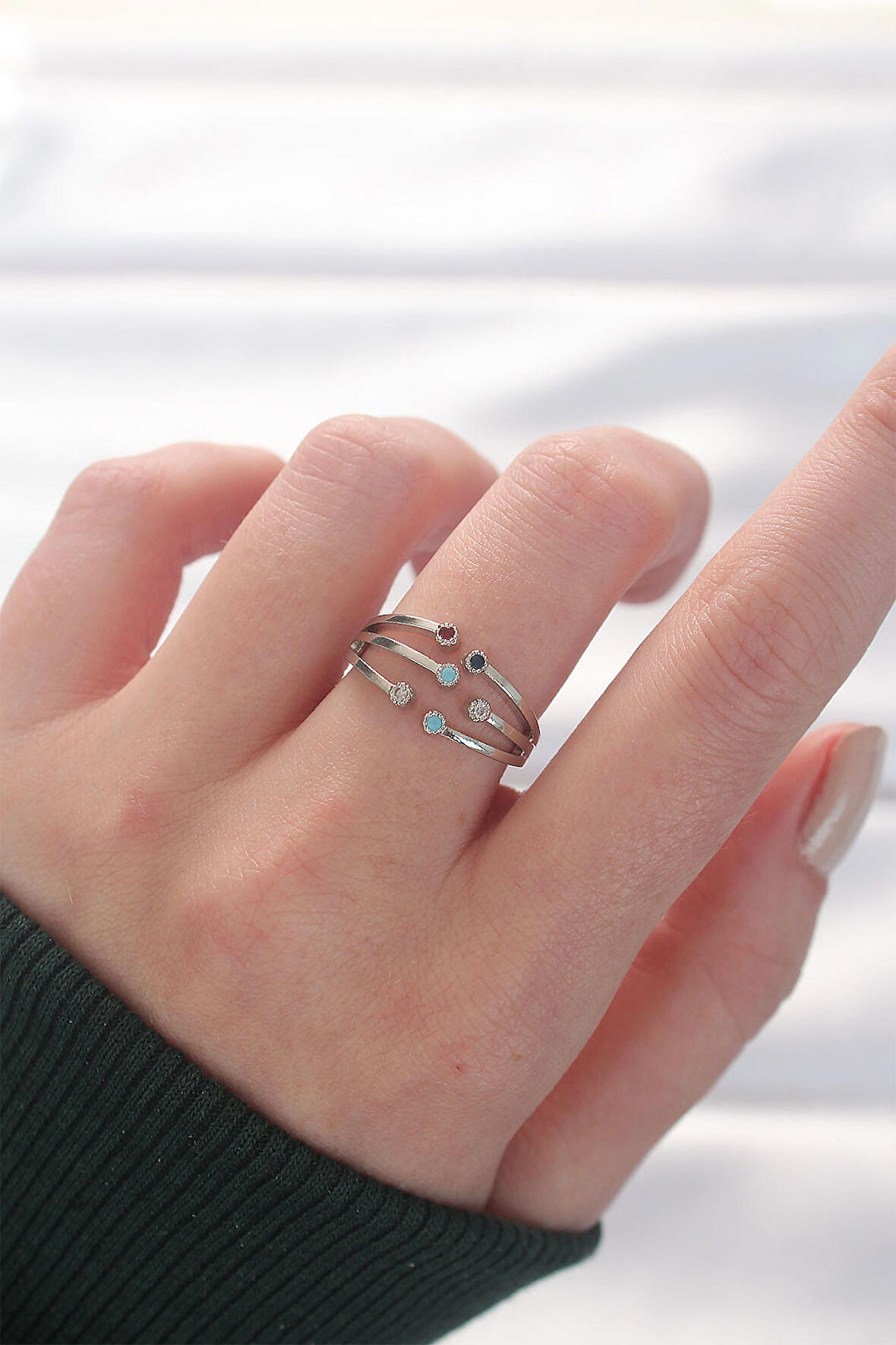 STİLLOVE Renkli Zirkon Taşlı Silver Renk Ayarlanabilir Yüzük