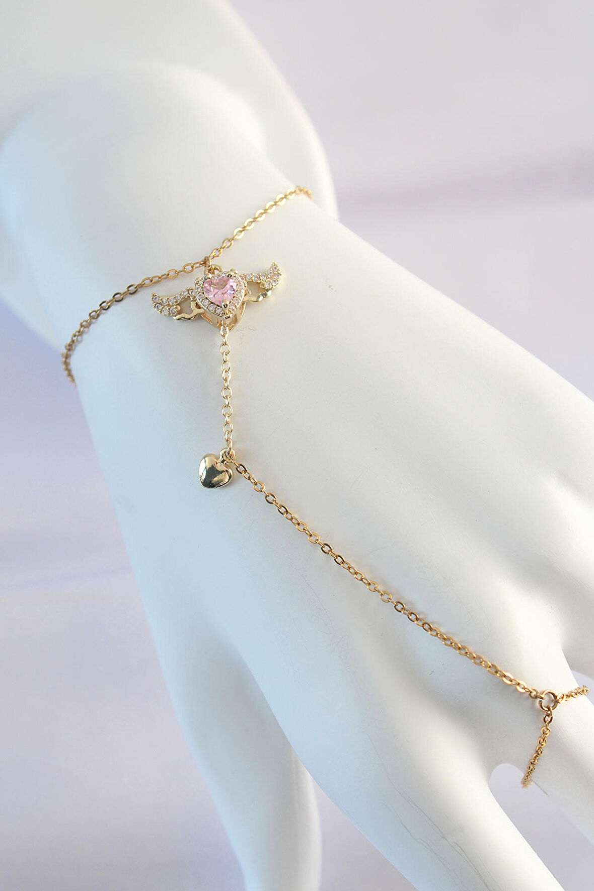 STİLLOVE 316L Çelik Gold Renk Pembe Zirkon Taşlı Kanatlı Kalp Model Şahmeran