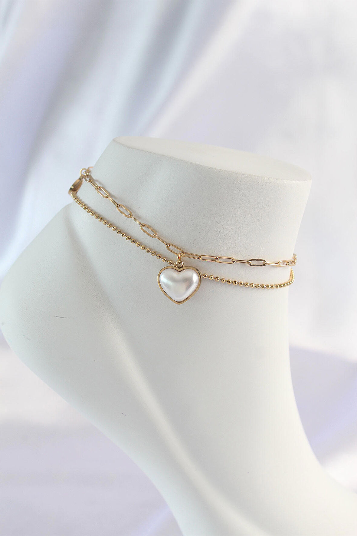 STİLLOVE 316L Çelik Gold Renk Beyaz Kalpli 2li Halhal