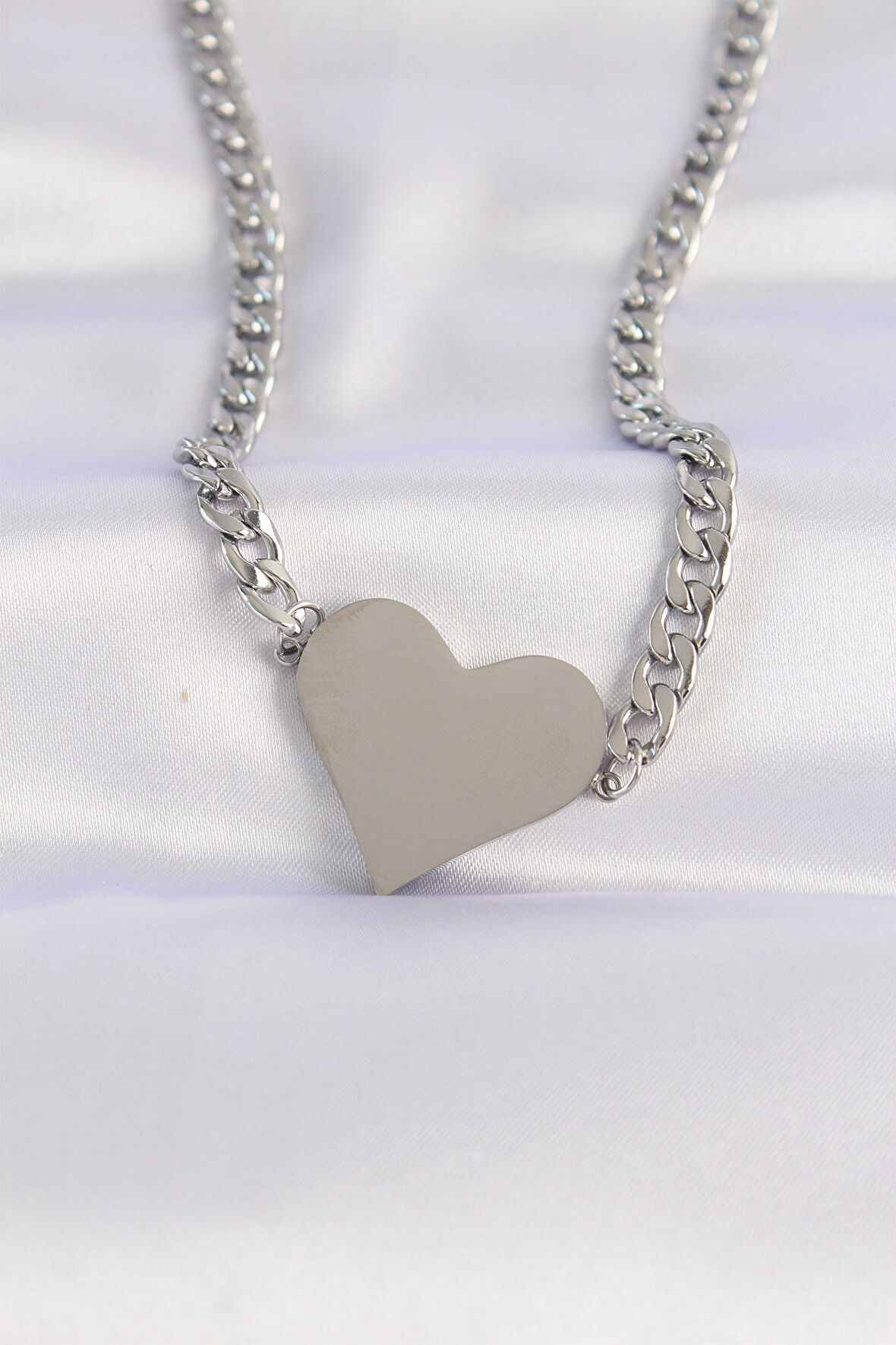 STİLLOVE 316L Çelik Zincir Gümüş Renk Düz Plaka Kalp Kolye