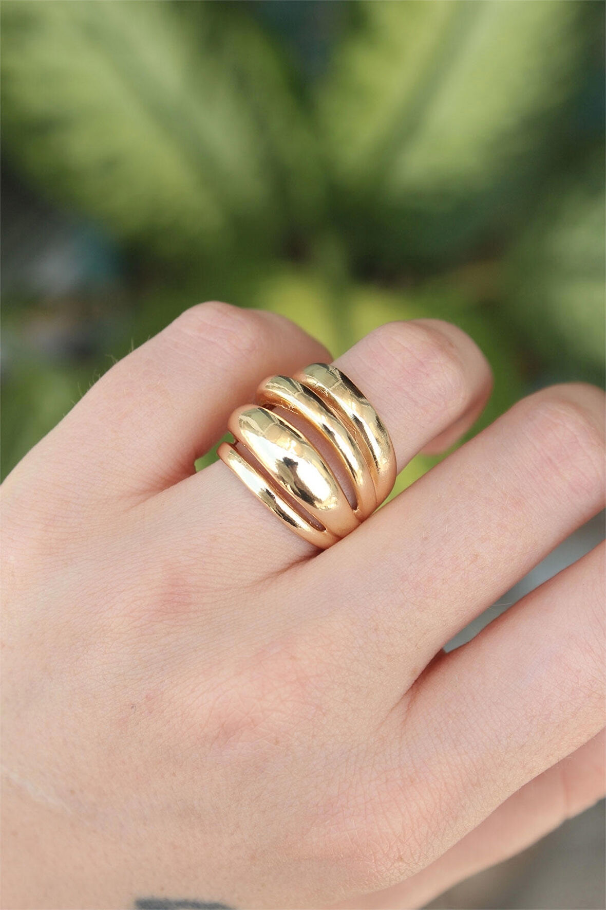 STİLLOVE Pirinç Gold Renk Ayarlanabilir Tırtıklı Bombe Yüzük