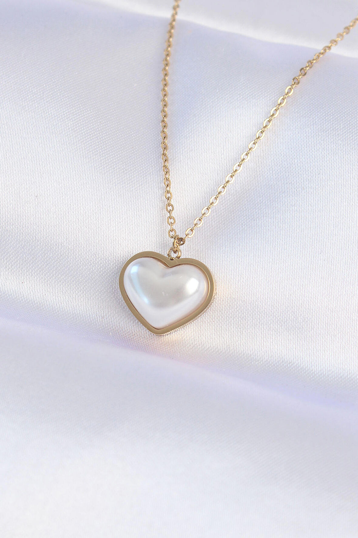 STİLLOVE 316L Çelik Zincir Gold Renk Beyaz Taşlı Bubble Kalp Kolye
