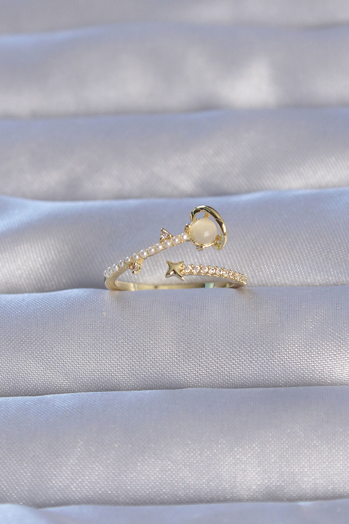 STİLLOVE Pirinç Gold Renk Zirkon Taşlı İncili Satürn Model Ayarlanabilir Yüzük