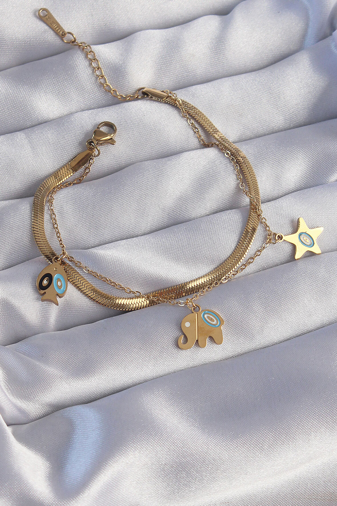 STİLLOVE 316L Çelik Gold Renk Çift Zincir Çoklu Aksesuarlı Bileklik