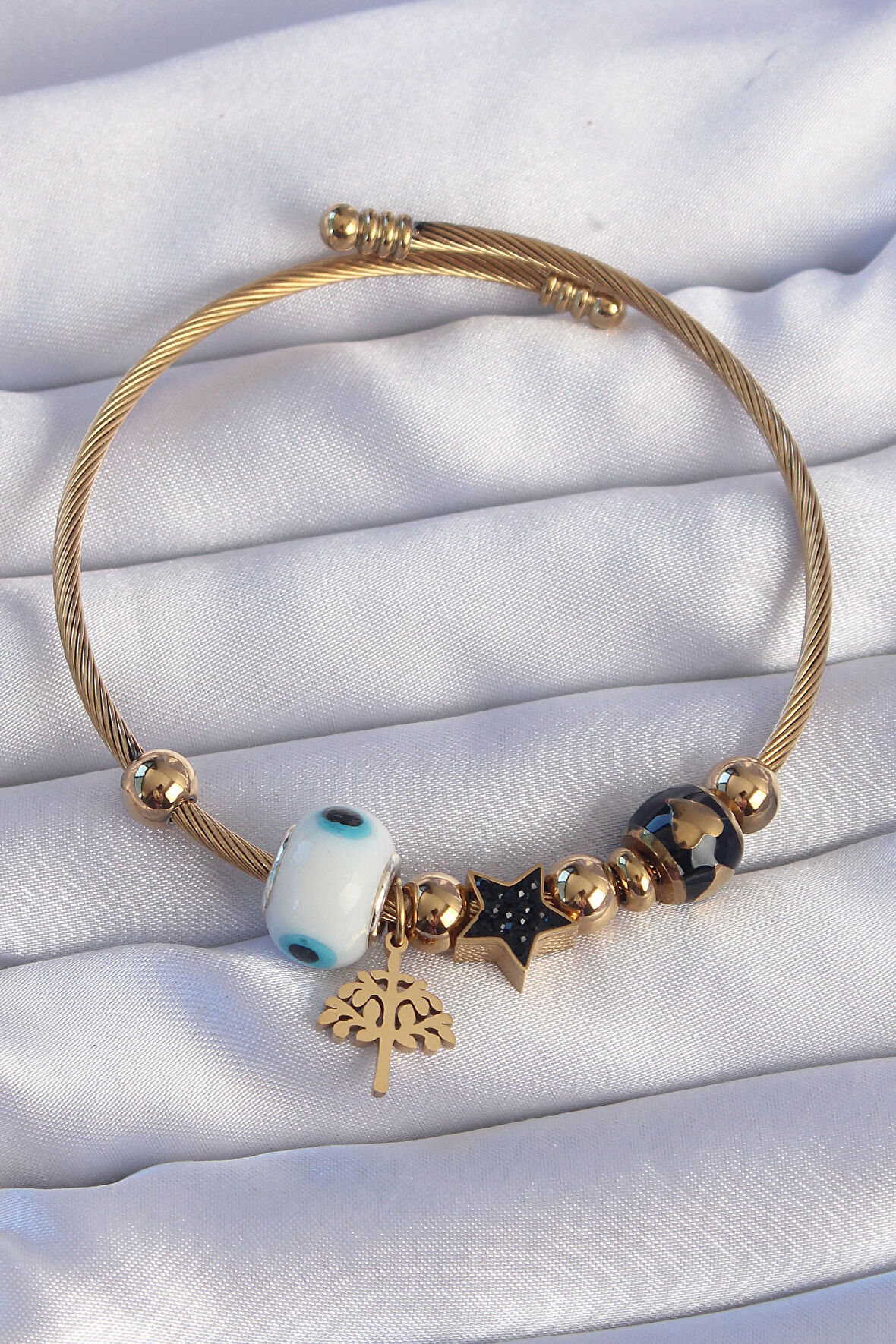 STİLLOVE 316L Çelik Gold Renk Siyah Zirkon Taşlı Yıldız Tasarımlı Ağaç Detay Nazarlı Charm Bileklik