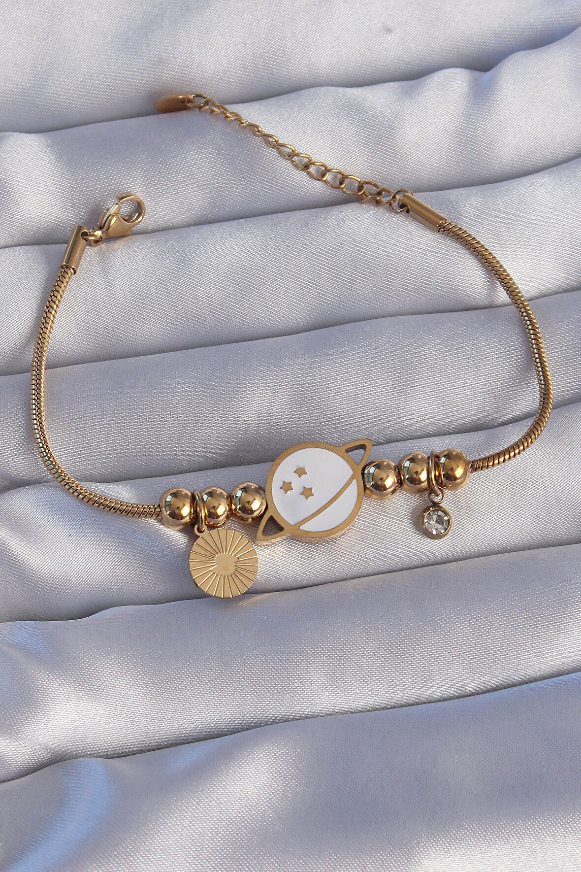 STİLLOVE 316L Çelik Gold Renk Zirkon Taşlı Mineli Satürn Tasarımlı Bileklik