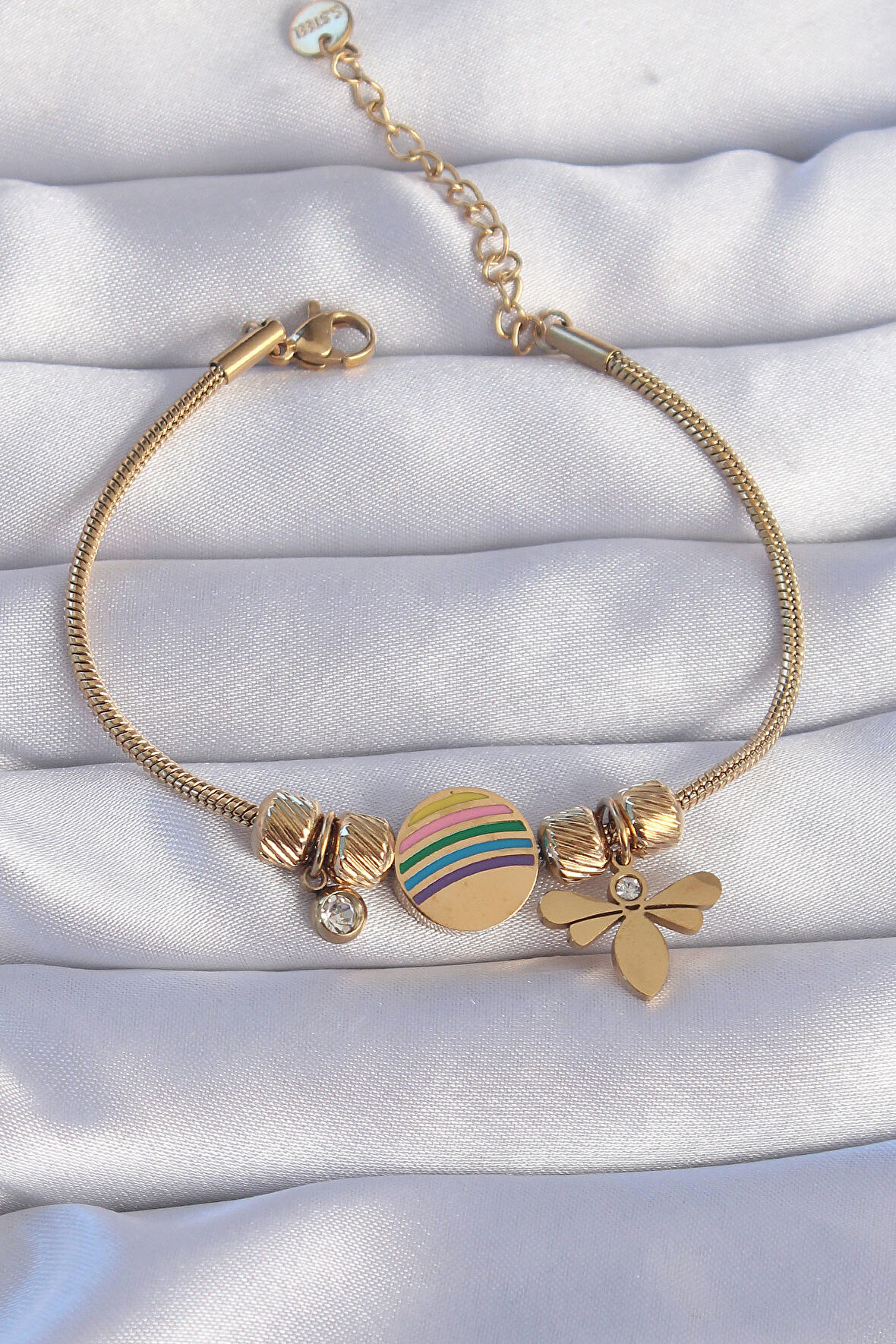 STİLLOVE 316L Çelik Gold Renk Zirkon Taşlı Gökkuşağı Tasarımlı Yusufçuk Bileklik