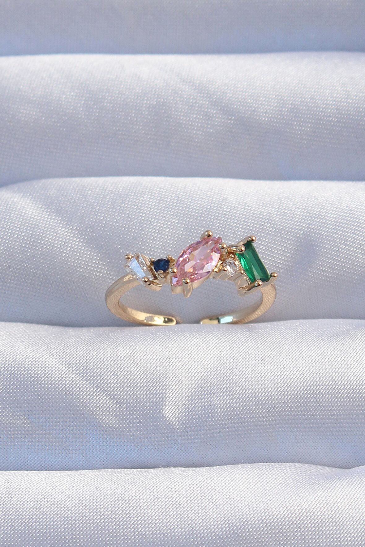 STİLLOVE Pirinç Gold Renk Renkli Zirkon Taşlı Ayarlanabilir Yüzük