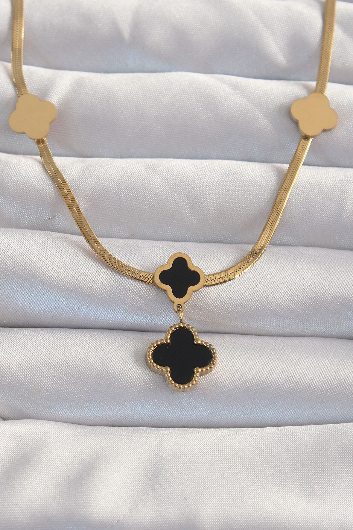 STİLLOVE 316L Çelik Gold Renk İtalyan Zincirli Mineli Yonca Kolye