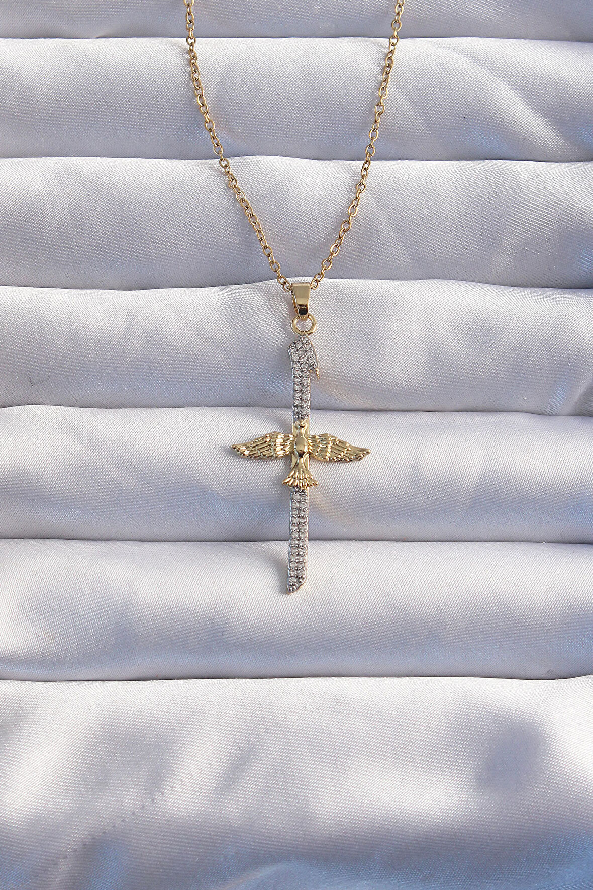 STİLLOVE 316L Çelik Zincir Gold Renkli Zirkon Taşlı Elif Harf Model Anka Kuşu Kolye