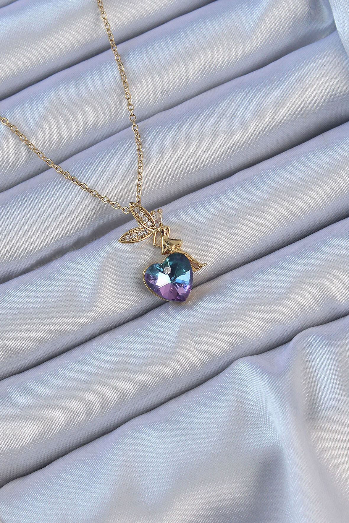 STİLLOVE 316L Çelik Zincir Altın Renk Mor Mavi Renk Zirkon Taşlı Kalp Detay Peri Kolye