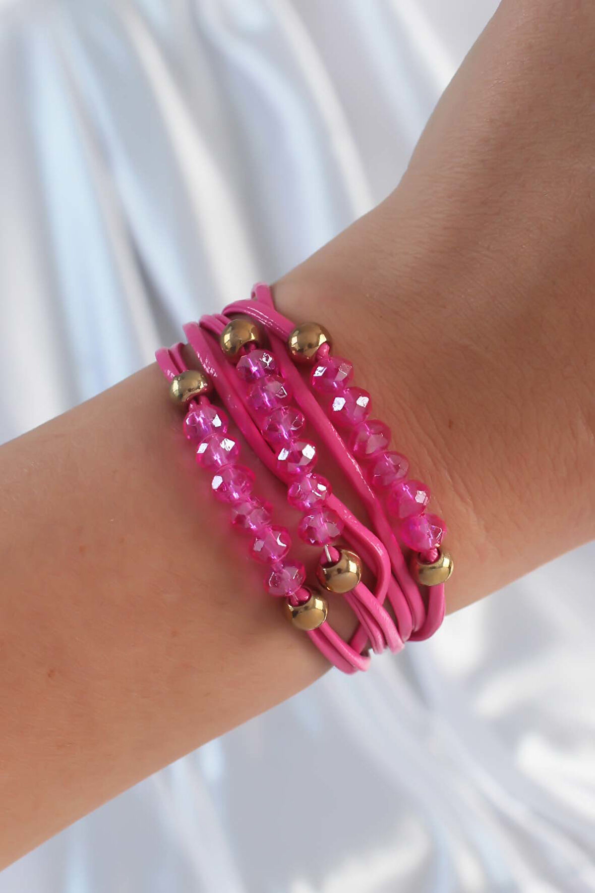 STİLLOVE Pembe Renk Zirkon Taşlı İpli Çoklu Bileklik
