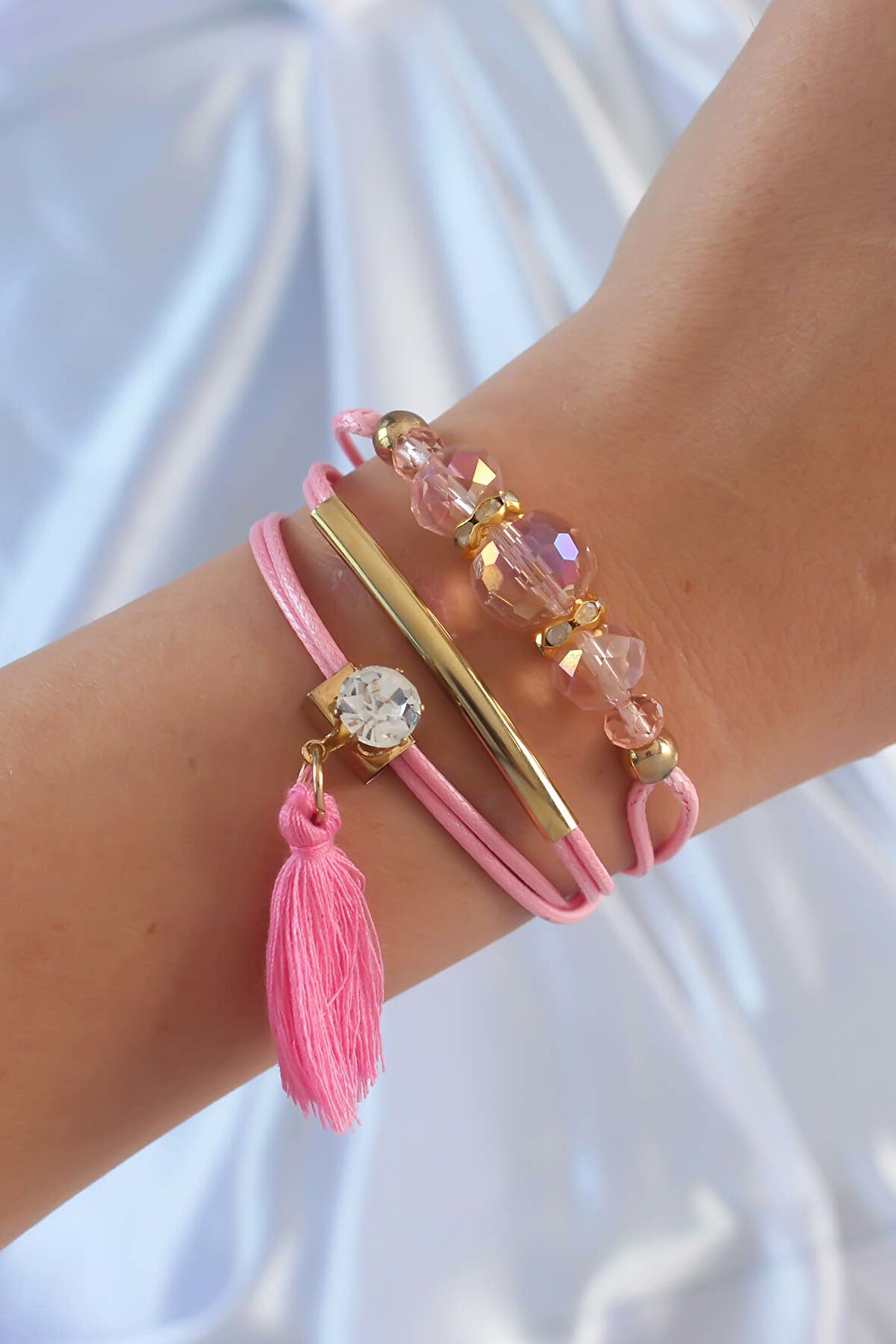 STİLLOVE Pembe Renk Zirkon Taşlı İpli Püskül Detay Çoklu Bileklik