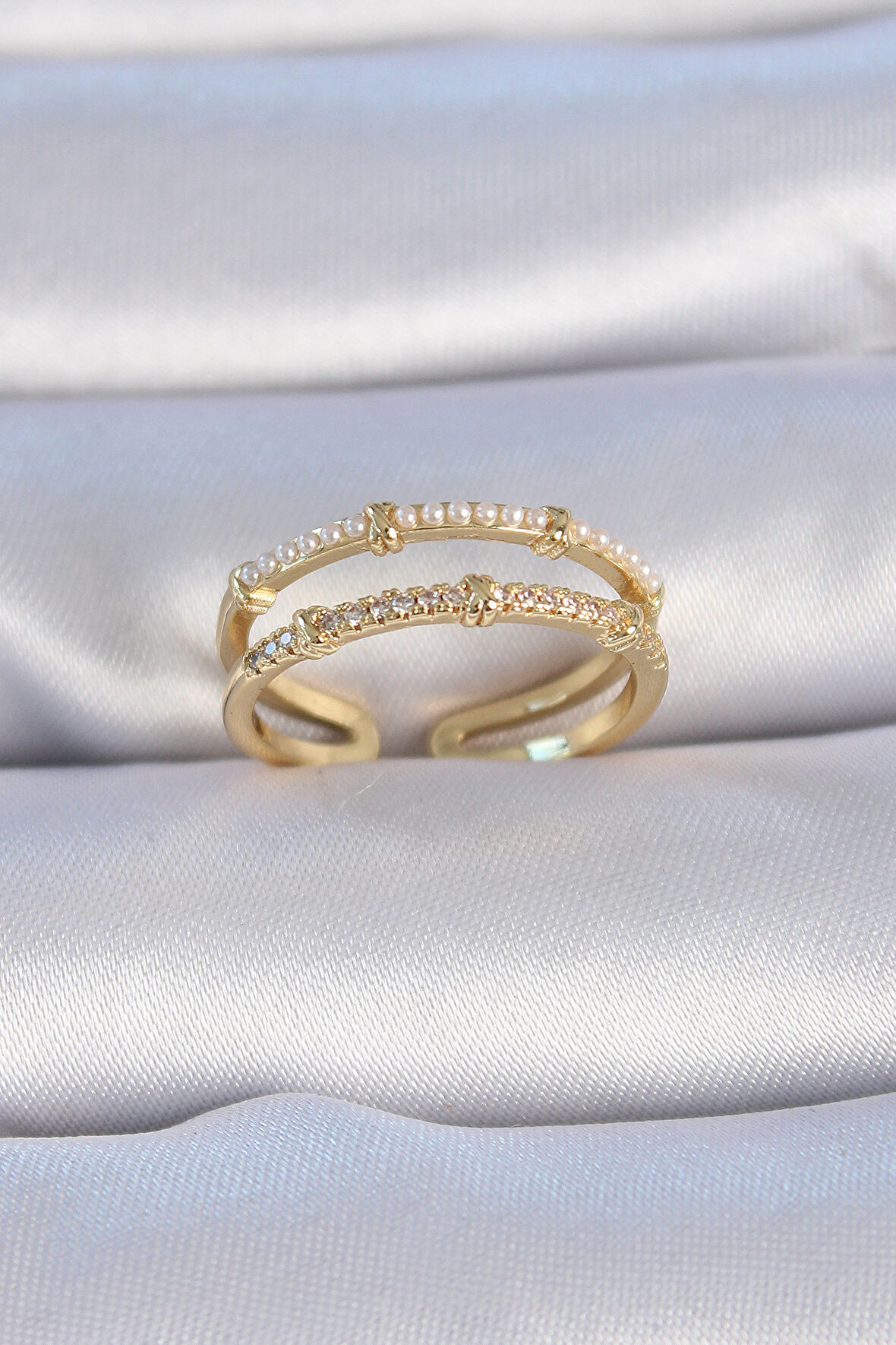 STİLLOVE Pirinç Gold Renk Zirkon Taşlı İnci Detay Kadın Yüzük