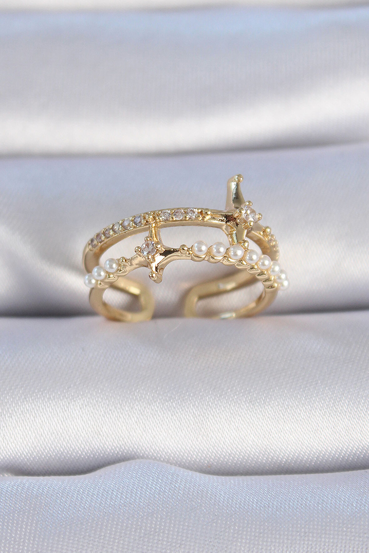 STİLLOVE Pirinç Gold Renk Zirkon Taşlı İnci Detay Kutup Yıldızı Model Kadın Yüzük