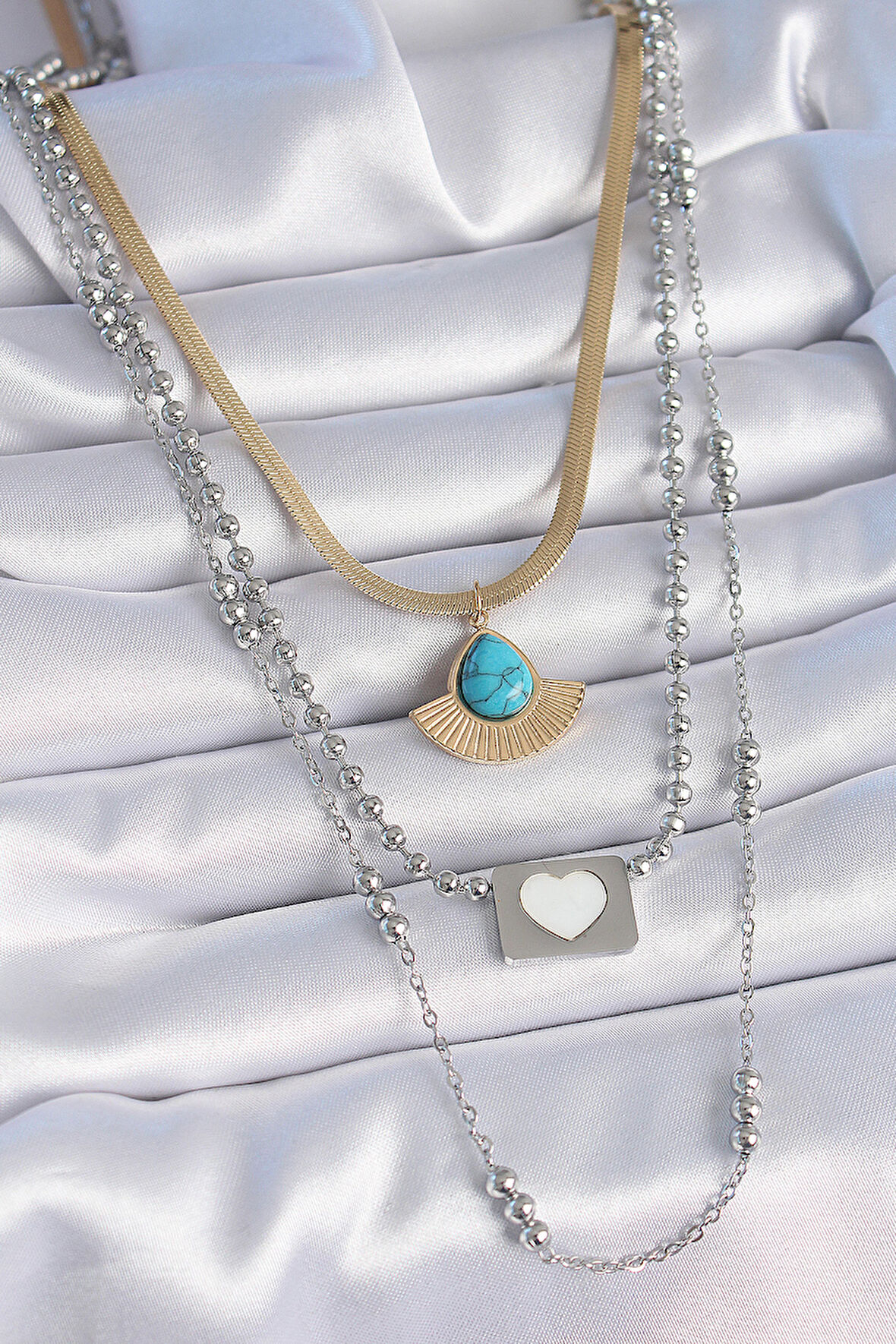 STİLLOVE 316L Çelik Mix Renk 3'lü Zincir Damla Madalyon Figür Uzun Kadın Kolye