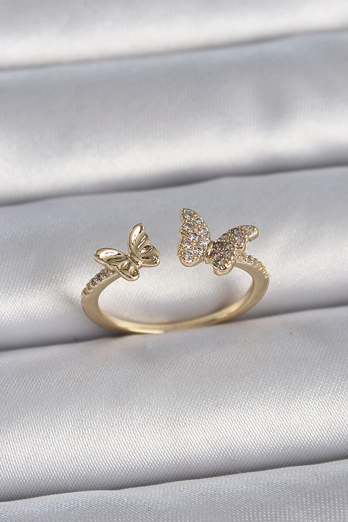 STİLLOVE Pirinç Gold Renk Ayarlanabilir Zirkon Taşlı Kelebek Model Kadın Yüzük