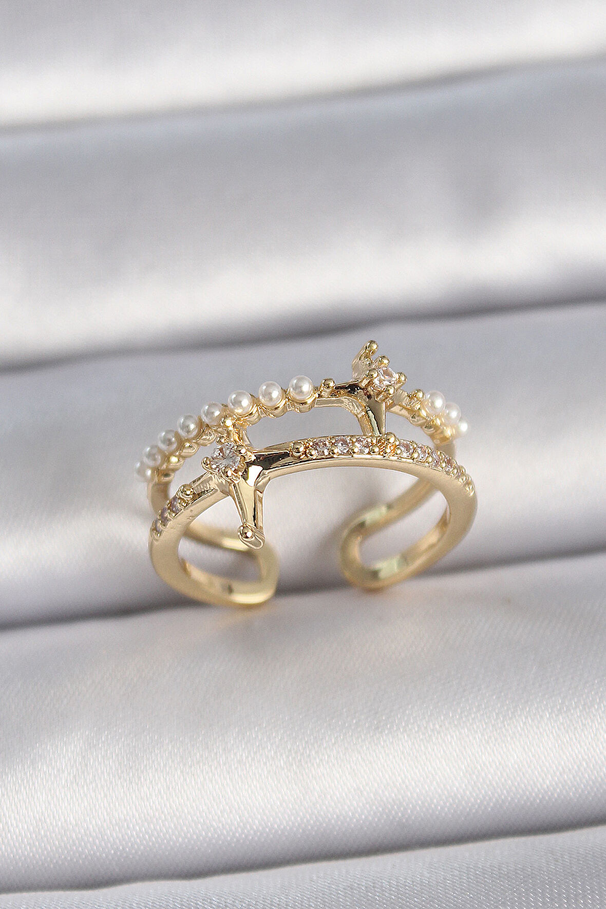 STİLLOVE Pirinç Gold Renk Ayarlanabilir Zirkon Taşlı İncili Yıldız Model Kadın Yüzük